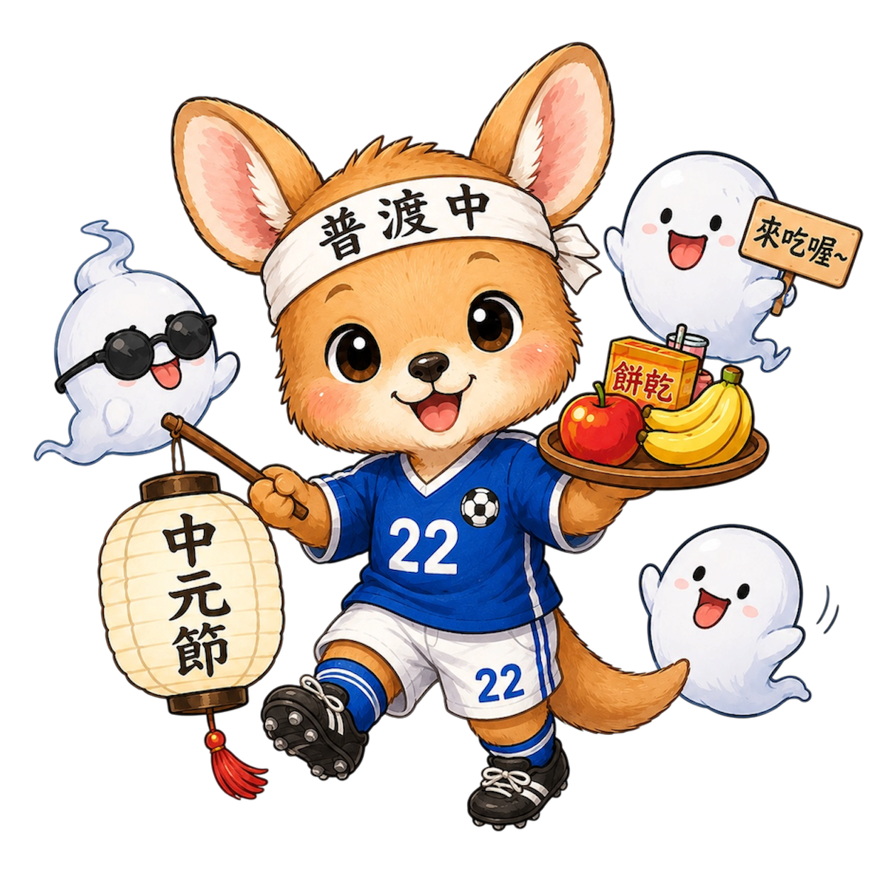 Official cover artwork for the Little Joey Ghost Festival LINE sticker collection: Little Joey in a blue football kit holding a Ghost Festival lantern and an offering tray, surrounded by cute ghosts