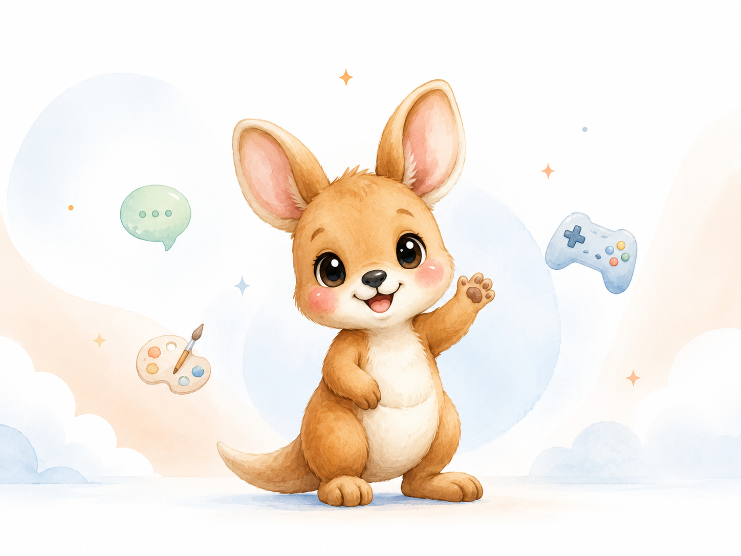 Little Joey the baby kangaroo waving, surrounded by a chat bubble, an art palette and a game controller